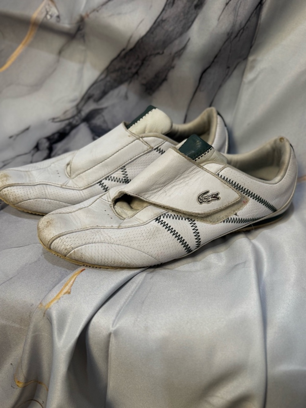 Vintage Lacoste White Leather Slip-On Loafers with Green Trim . Size 9